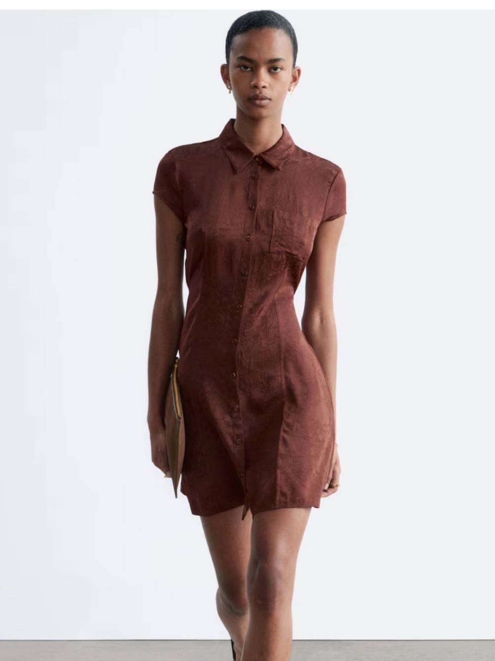 & Other Stories Jacquard Brown Shirt Button up Mini Dress, NWT